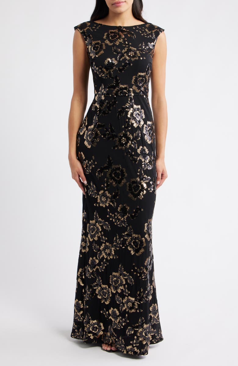 Eliza J Sequin Cap Sleeve Mermaid Gown, Main, color, Black Gold