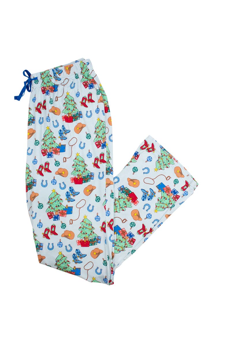 RuffleButts SoftSnooze Unisex Holiday Adult Pajama Pants, Main, color, Blue Yuletide Yeehaw