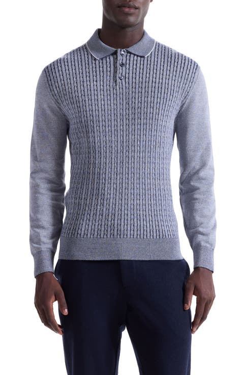 Cable Stitch Cotton Blend Polo Sweater
