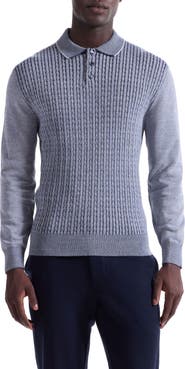 Bugatchi Cable Stitch Cotton Blend Polo Sweater