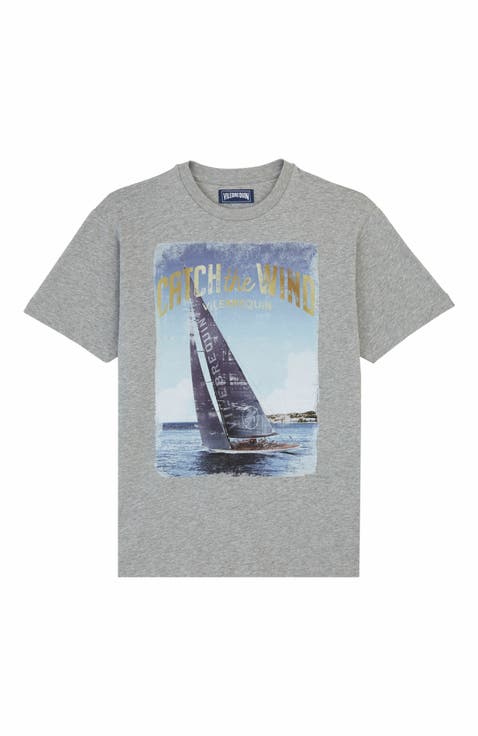 Men's Blue Sailing Boat Cotton T-Shirt