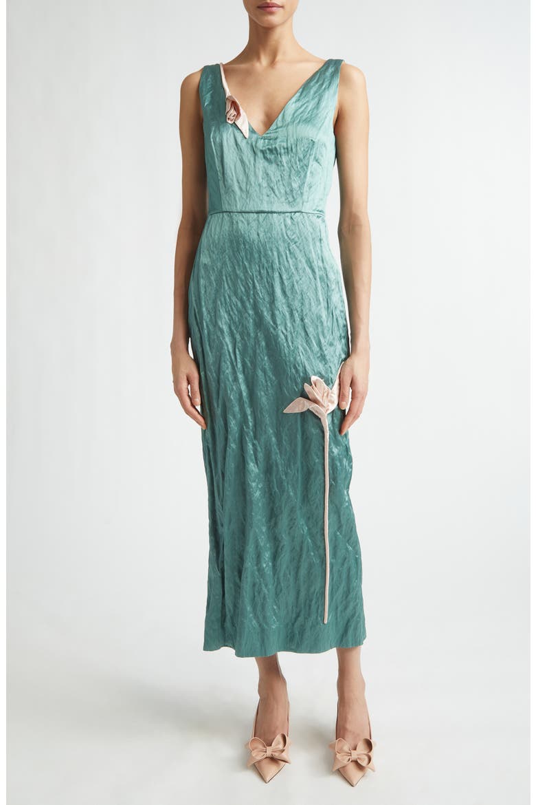 Tulip Appliqué Crinkled Metallic Satin Gown, Main, color, EAU DE NIL