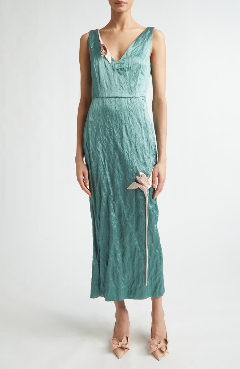 Erdem Tulip Appliqué Crinkled Metallic Satin Gown, Main, color, Eau De Nil