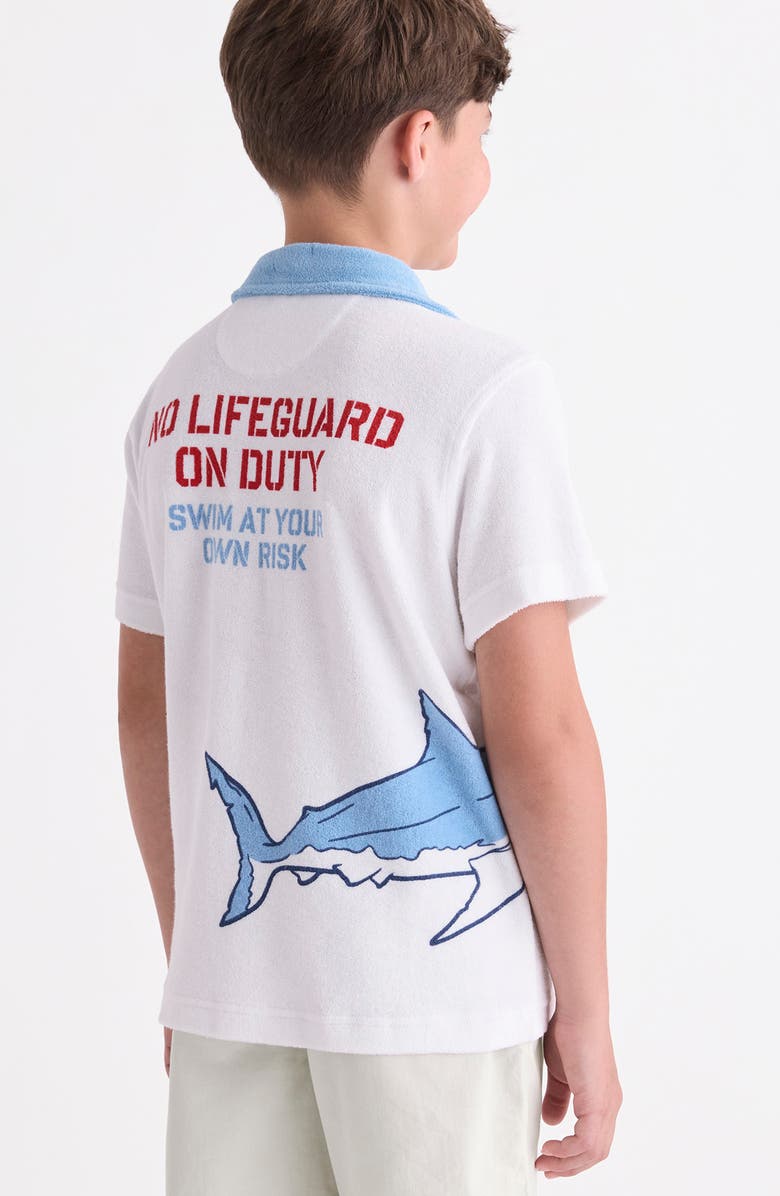 vineyard vines Kids' Shark Graphic Terry Trim Button-Up Shirt, Alternate, color, White Cap