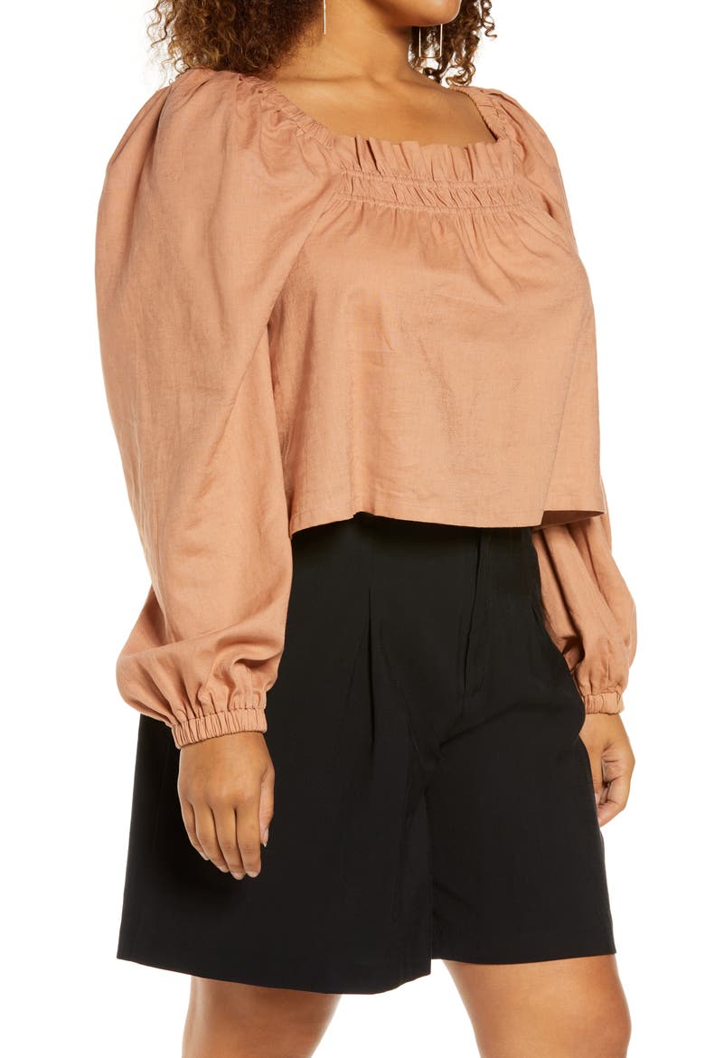 Linen Blend Babydoll Crop Blouse, Alternate, color, TAN MOCHA