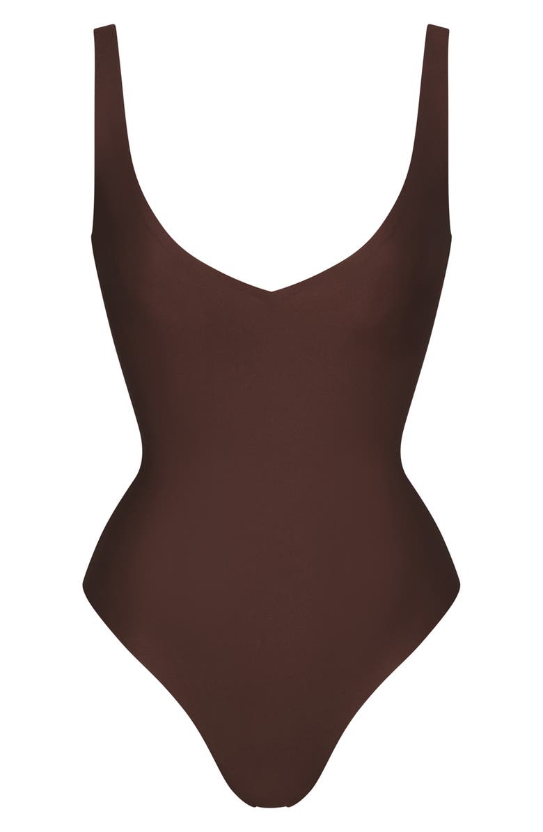 SKIMS Unlined Plunge Thong Bodysuit, Alternate, color, Cocoa