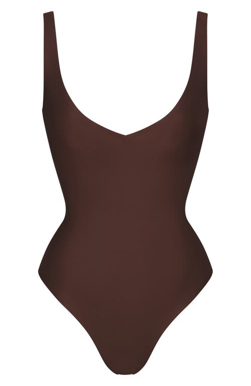 Skims Unlined Plunge Thong Bodysuit In Brown