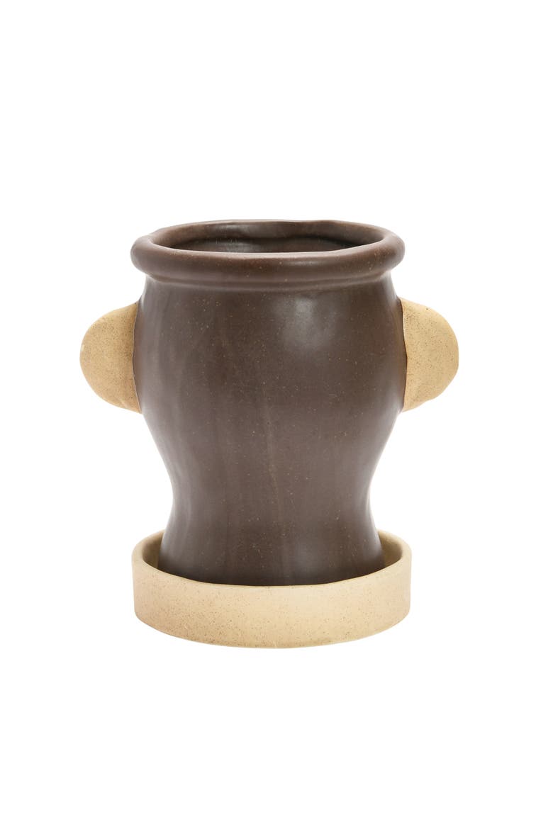 Creative Co-Op Stoneware Face Planter with Saucer, Matte Black and Cream, Alternate, color, Brown