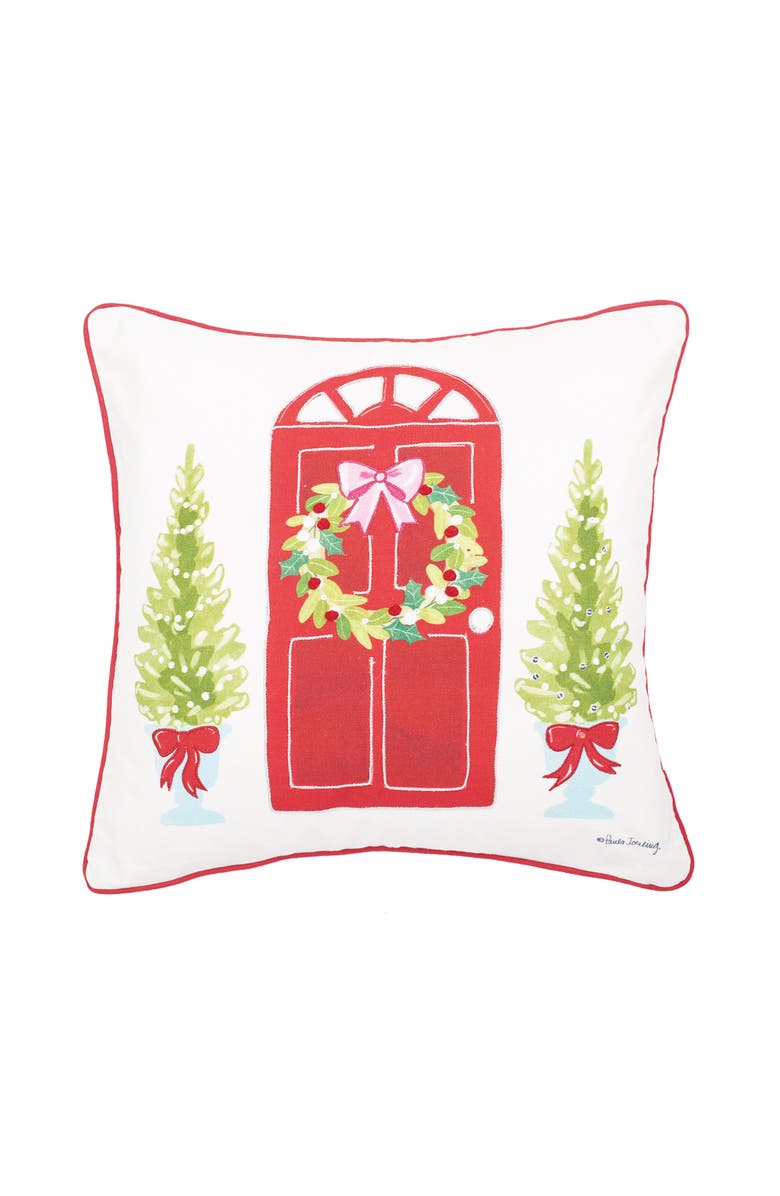 C&F Home Door Wreath Printed & Embellished Christmas Throw Pillow, 18" x 18", Main, color, Red