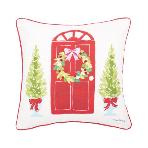 Door Wreath Printed & Embellished Christmas Throw Pillow, 18" x 18"