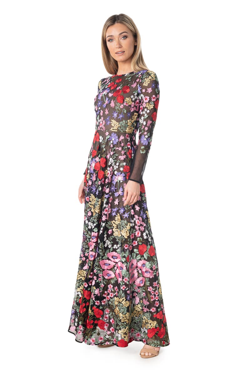 Dress the Population Ava Floral Embroidered Long Sleeve Gown, Alternate, color, Rouge Multi