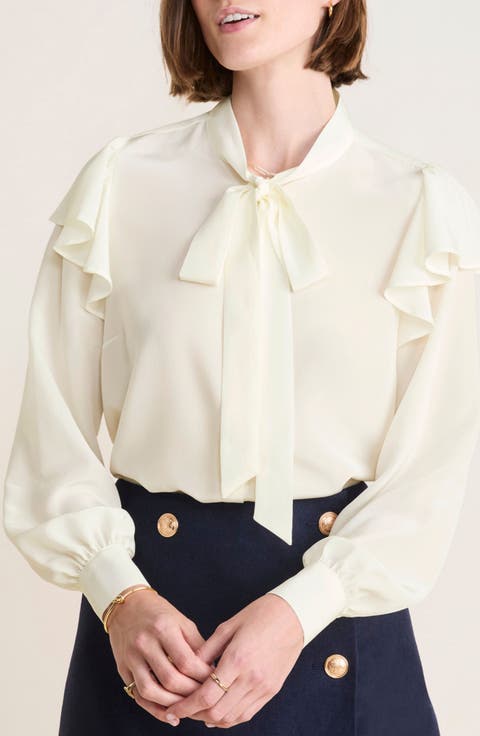 Tie Neck Silk Crêpe de Chine Button-Up Shirt
