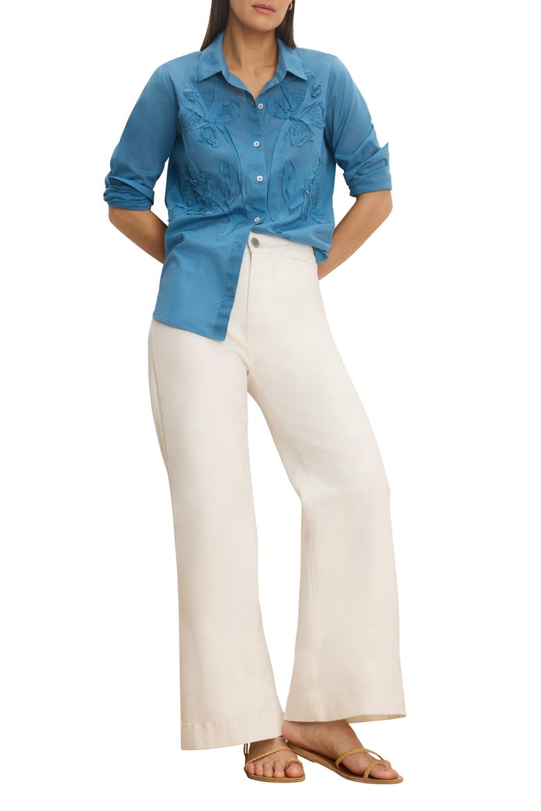 Beaded Floral Appliqué Button-Up Top, Alternate, color, BLUE CHILL