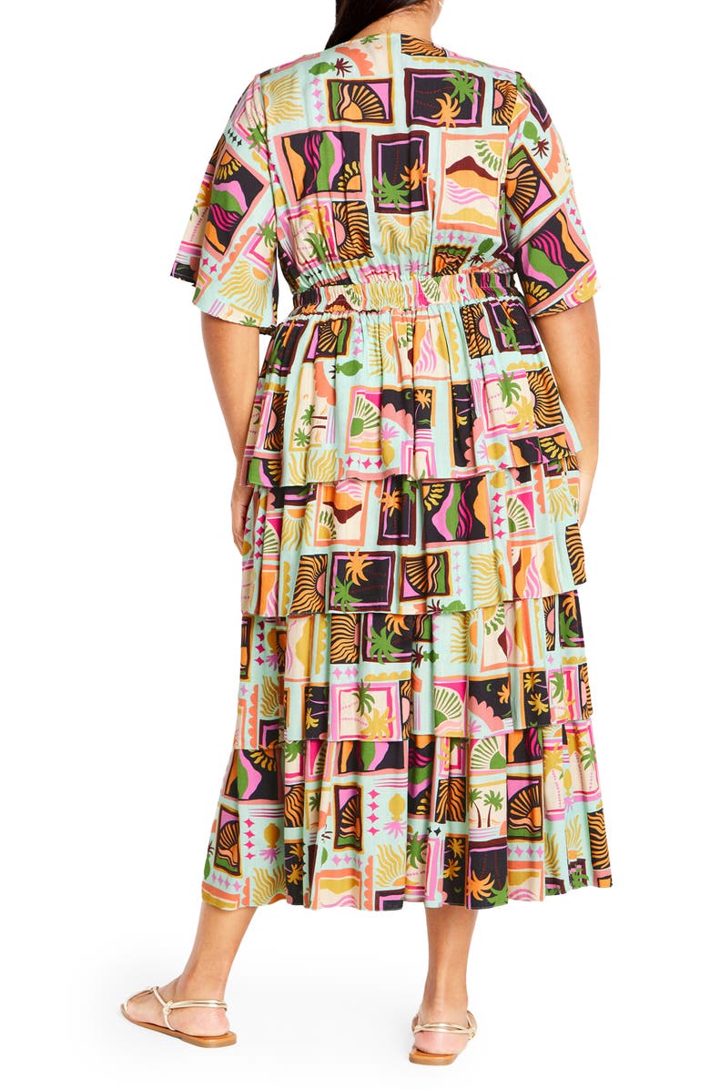 City Chic Ana Tie Front Tiered Midi Dress, Alternate, color, Postcards