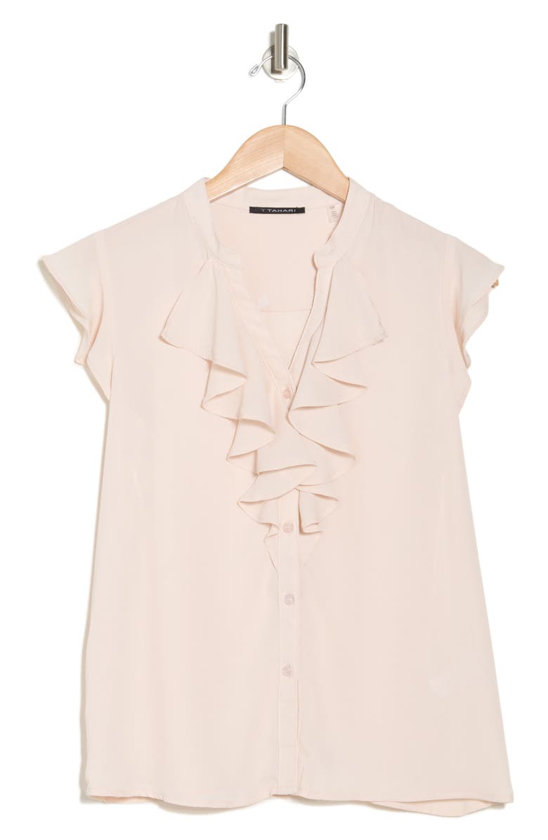 T Tahari Ruffle Short Sleeve Button-Up Top, Alternate, color,