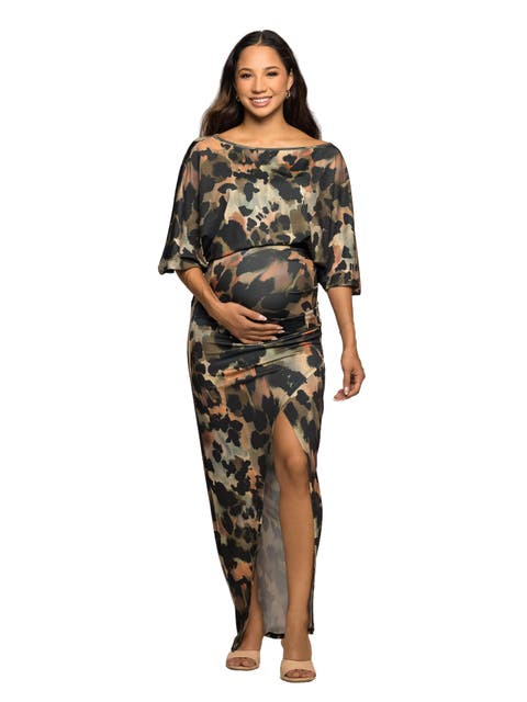 Abstract Print Batwing Sleeve Maxi Dress with Slit