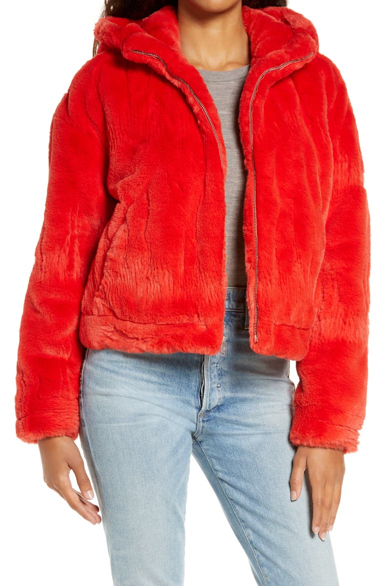 Mandy Faux Fur Hooded Jacket, Main, color, BLAZE