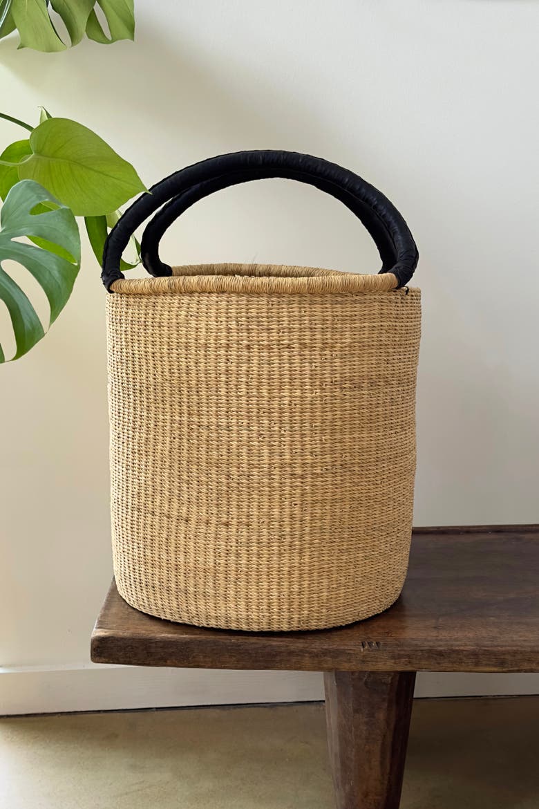 Handwoven Double Weave Hamper Basket with Black Leather Handles, Alternate, color, Natural