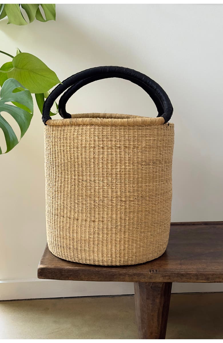 Mbare Handwoven Double Weave Hamper Basket with Black Leather Handles, Alternate, color, Natural
