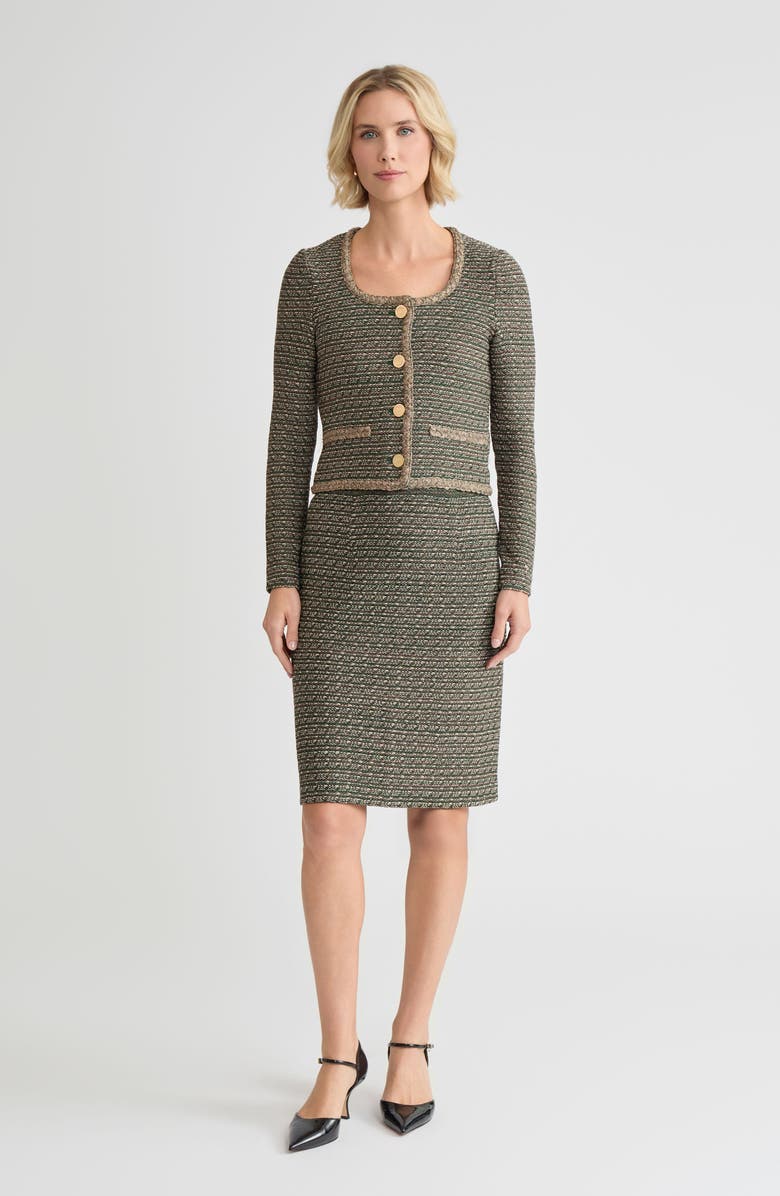 Misook Heritage Lurex Braided Trim Tweed Knit Jacket, Alternate, color, Dark Ivy/Midnight Umber