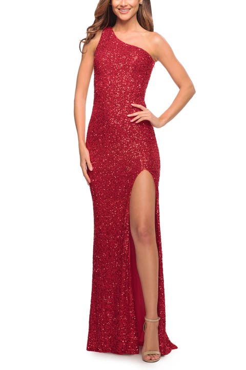 One Shoulder Luxurious Soft Sequin Dress with Slit