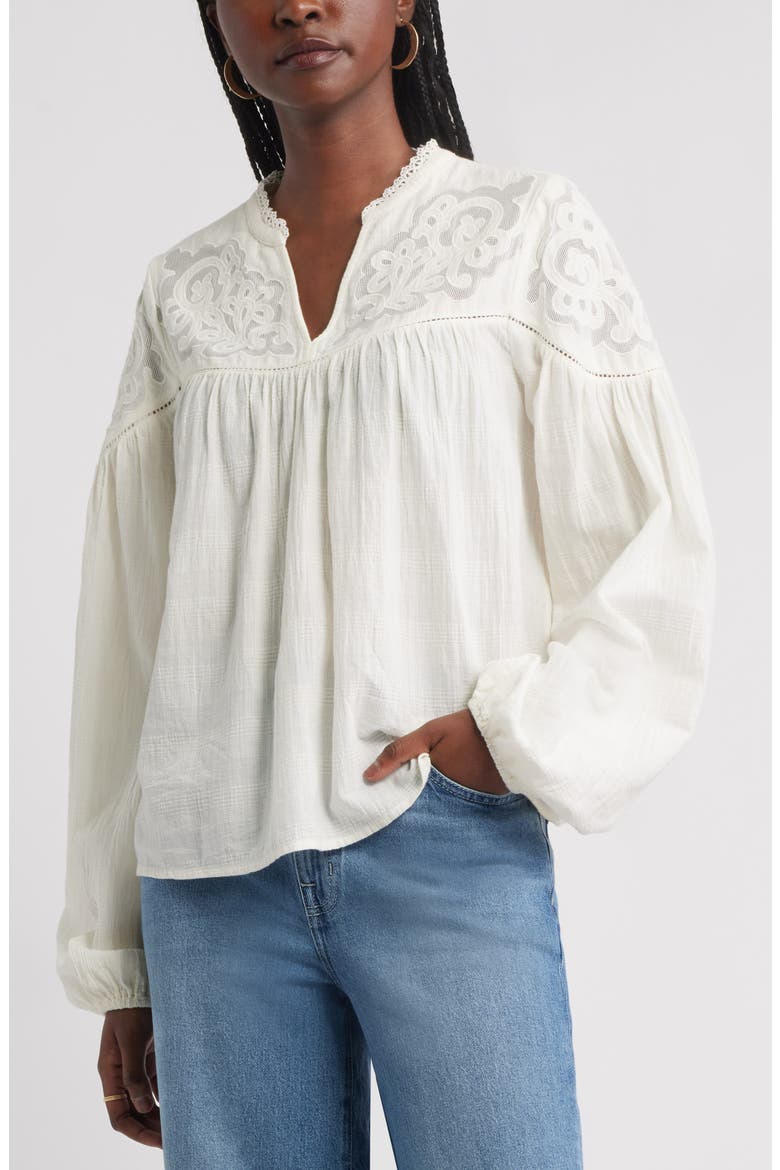Appliqué Yoke Balloon Sleeve Cotton Top, Main, color, IVORY EGRET