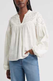 Treasure & Bond Appliqué Yoke Balloon Sleeve Cotton Top