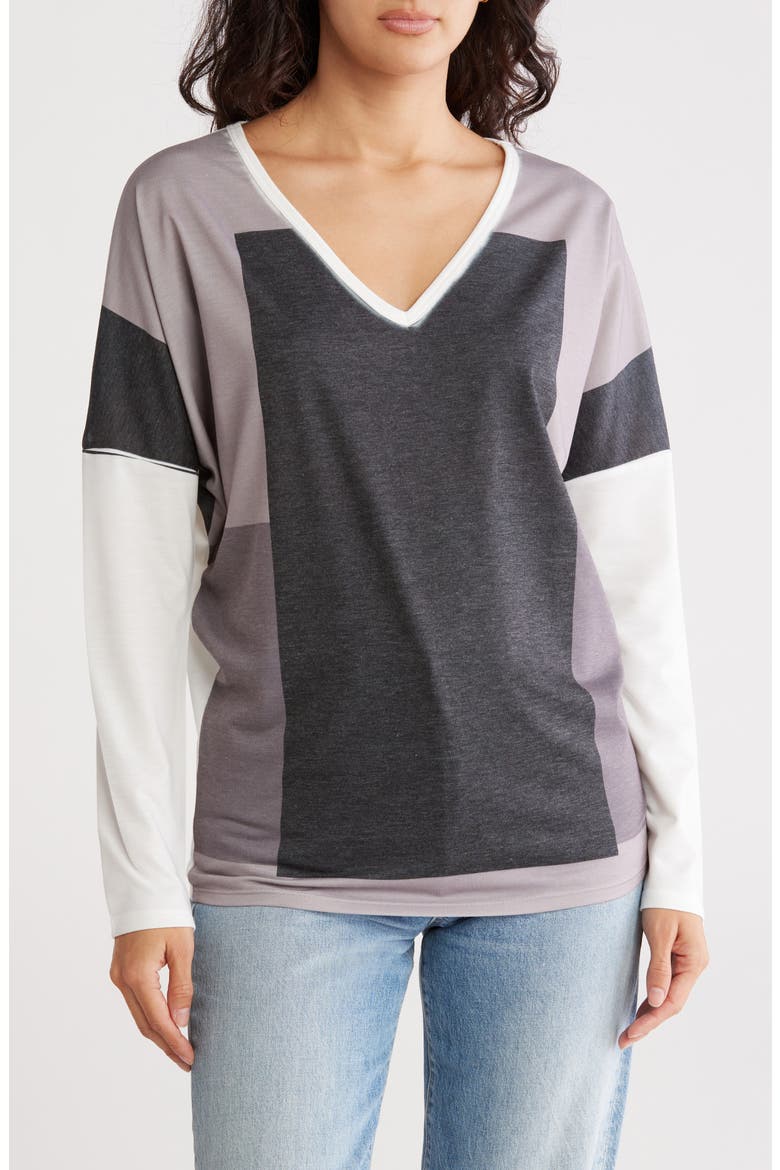 V-Neck Dolman Sleeve Sweater, Main, color, IVORY BLACK OVER BLOCKS PRINT