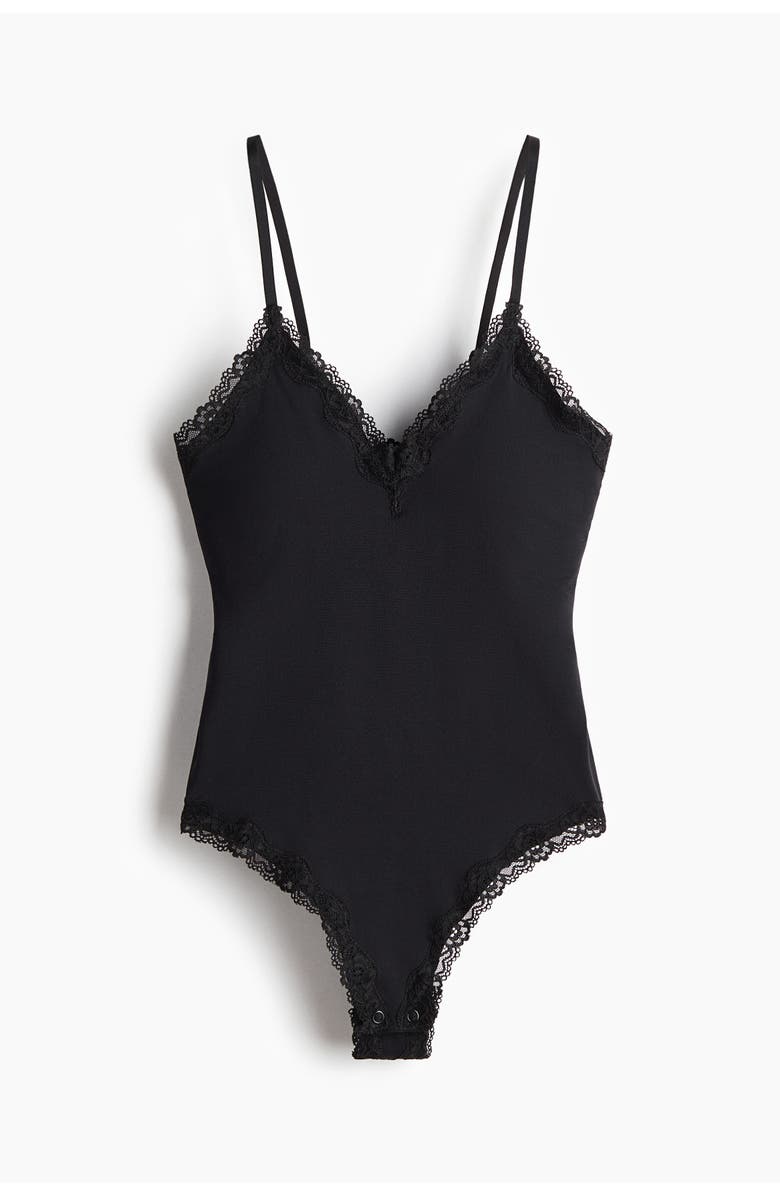 H&M Seamless Lace-trimmed Body, Main, color, Black