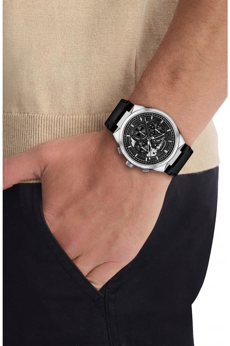 Distinguish Skeleton Leather Strap Watch, 44mm, Alternate, color, BLACK