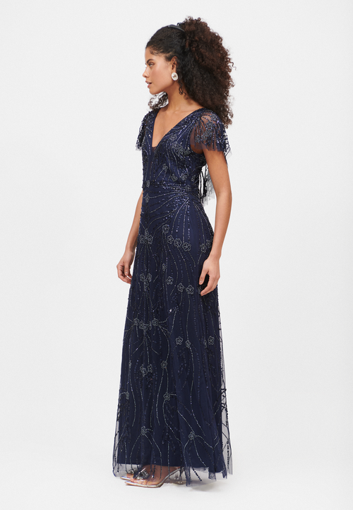 Beauut Embellished Sequin Beaded Deep V Neck Maxi Dress In Mid Night Blue