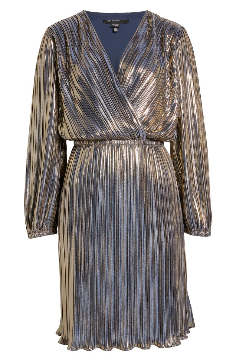 Maggy London Metallic Pleated Long Sleeve Cocktail Dress, Alternate, color,