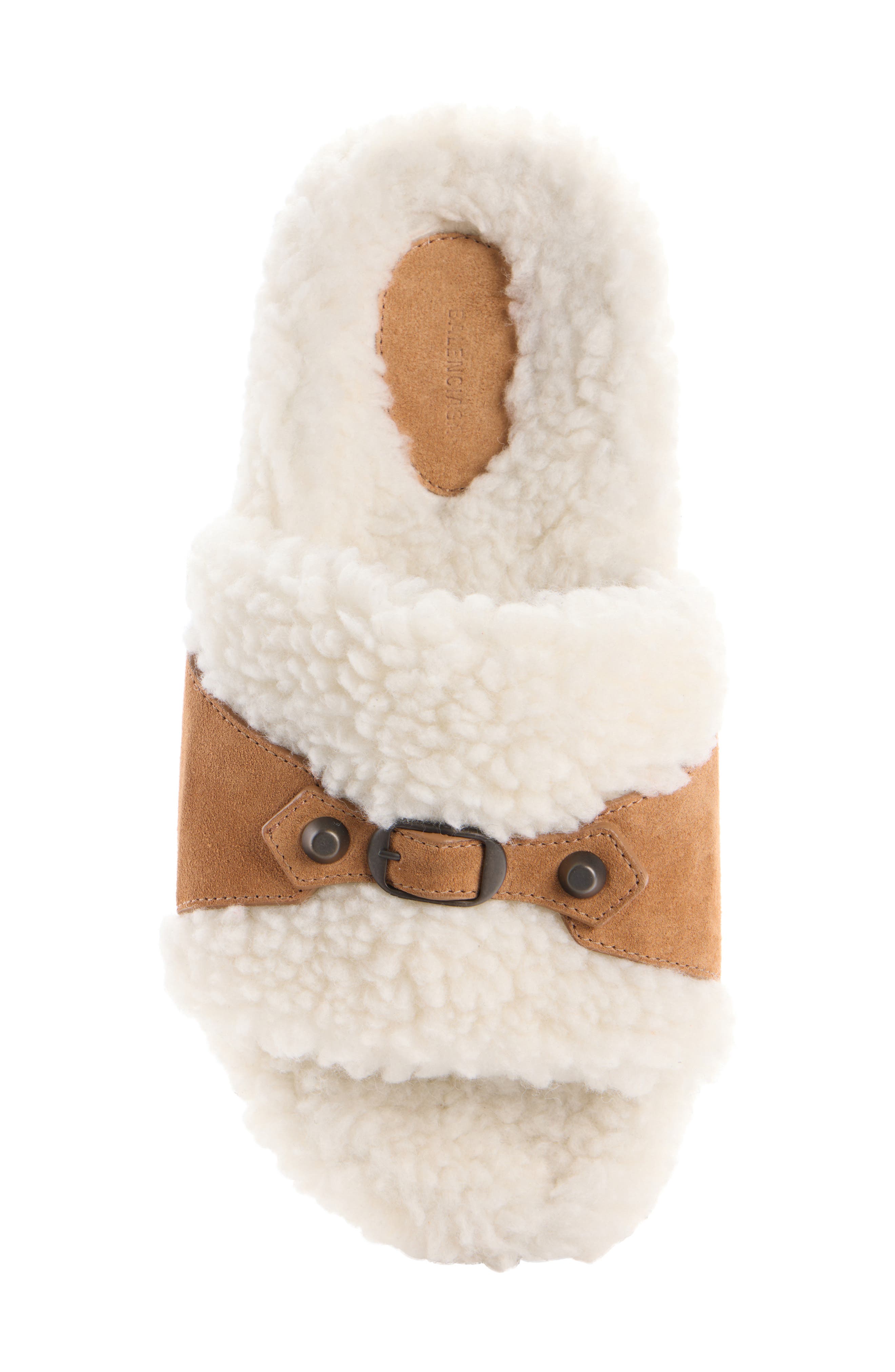 Balenciaga Furry Faux Fur Slide Sandal, Alternate, color, Off White/ Brown/ Brass