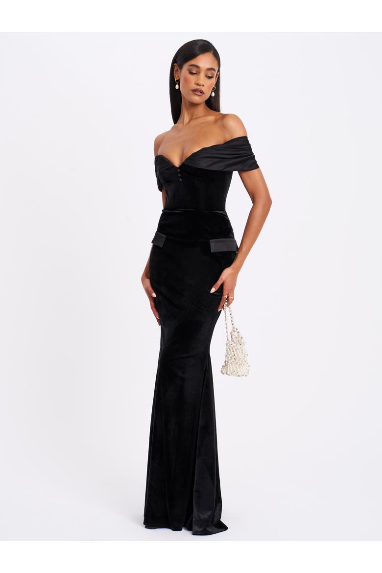 Qamra Velvet Off Shoulder Mermaid Maxi Dress, Alternate, color, Black