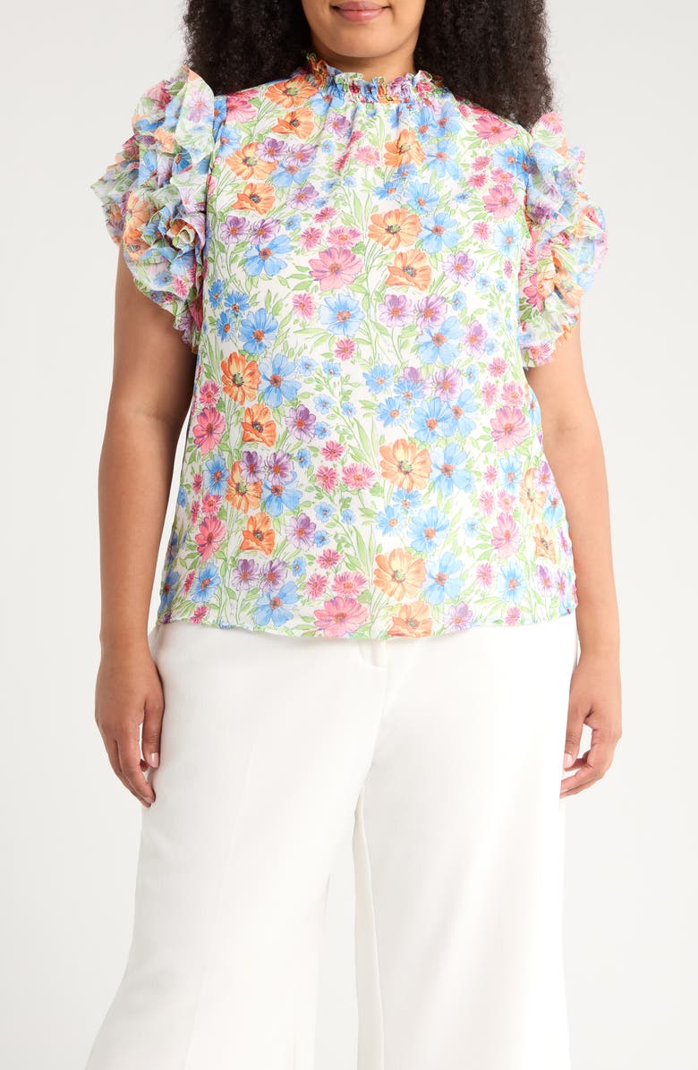 SUGARLIPS Ezia Garden Brenna Mock Neck Top, Main, color, Blue/ Pink/ Yellow