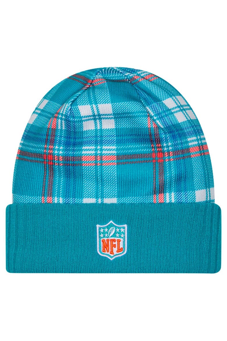 Men's New Era  Aqua Miami Dolphins Sideline Statement Cuffed Knit Hat, Alternate, color, Aqua