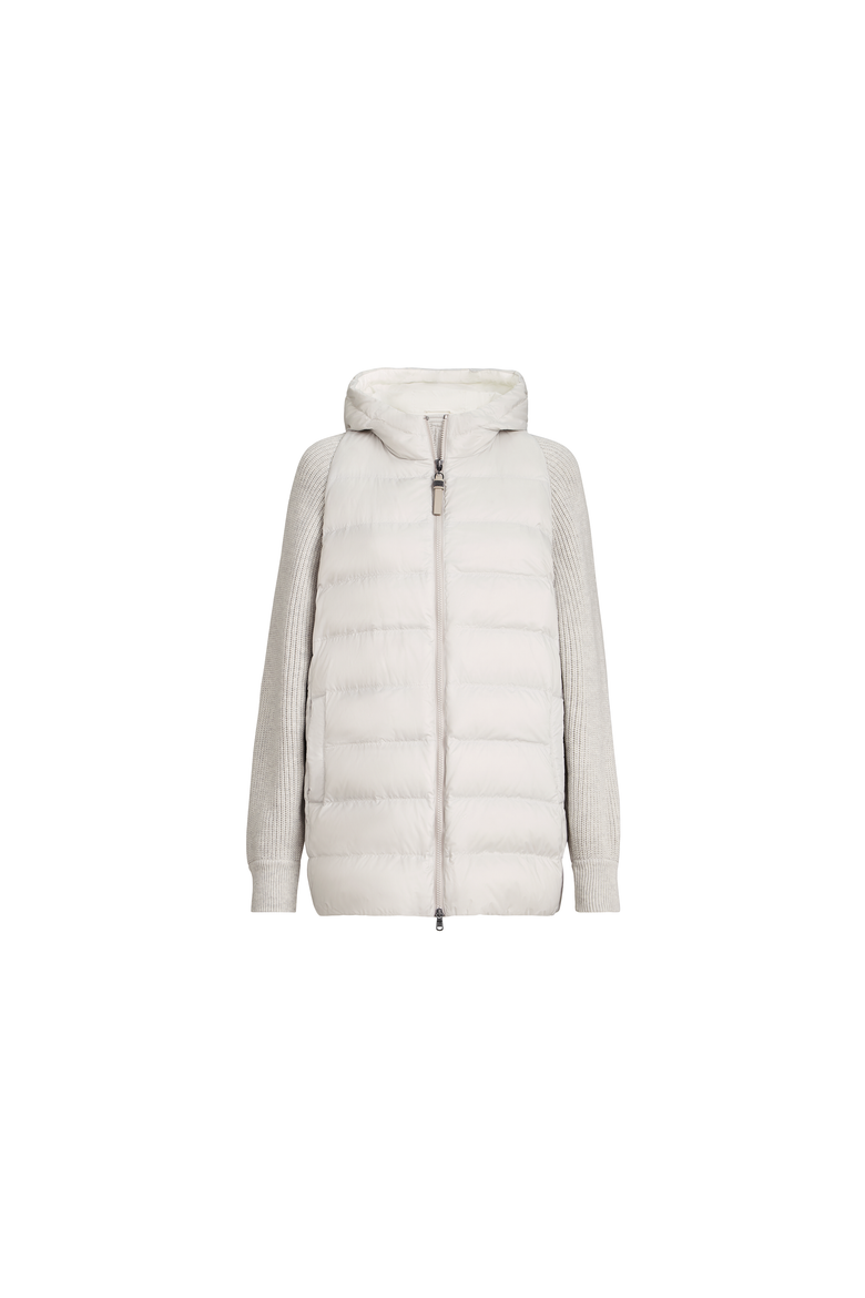 Water-resistant matte nylon hooded down jacket with virgin wool, cashmere and silk knit sleeves and shiny zipper pull, Alternate, color, Light Grey