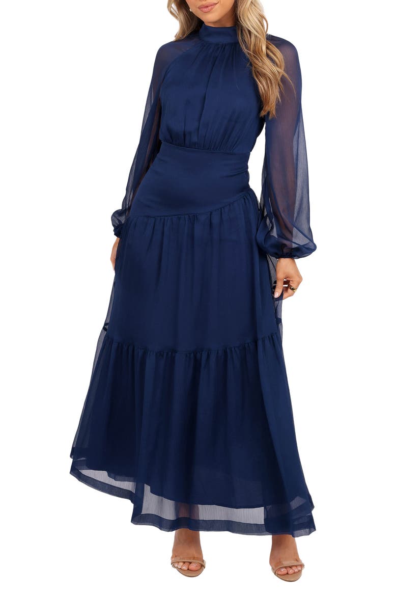 Julip Long Sleeve Tiered Maxi Dress, Main, color, NAVY