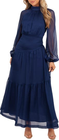 chinese dress ladies Giada Navy Lace Deep V Long Sleeve Maxi Dress (Archive Sale)