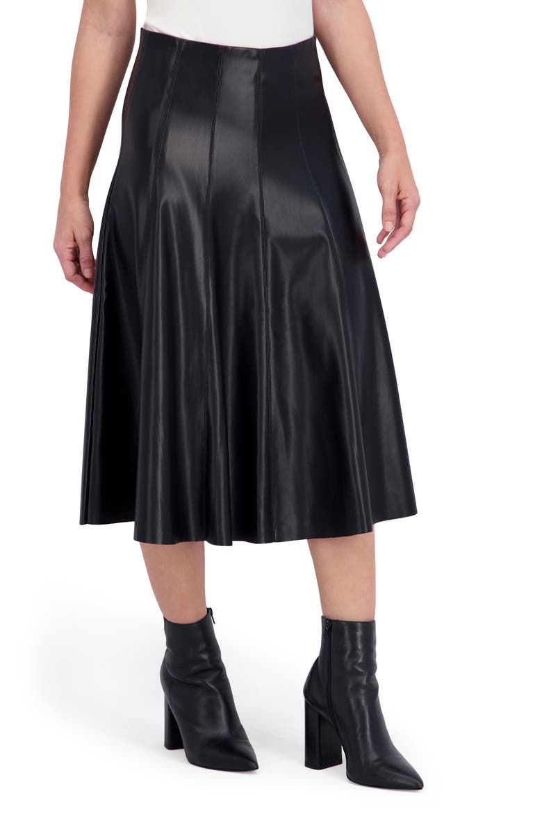 Supersoft Faux Leather Flounce Midi Skirt, Alternate, color, BLACK