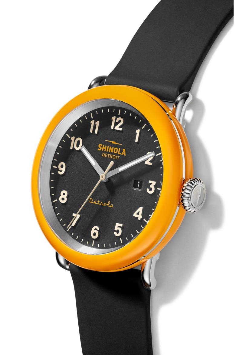 Detrola No.2 Silicone Strap Watch, 43mm, Alternate, color, BLACK/ ORANGE/ SILVER
