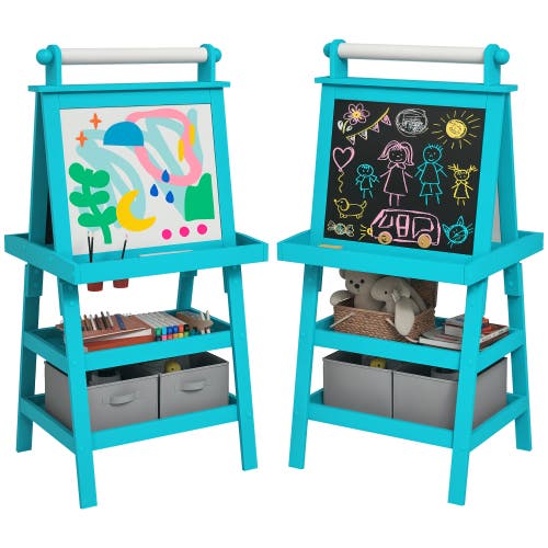 Qaba Kids Double Sided Art Easel with Paper Roll, Magnetic Boards & Storage in Blue 