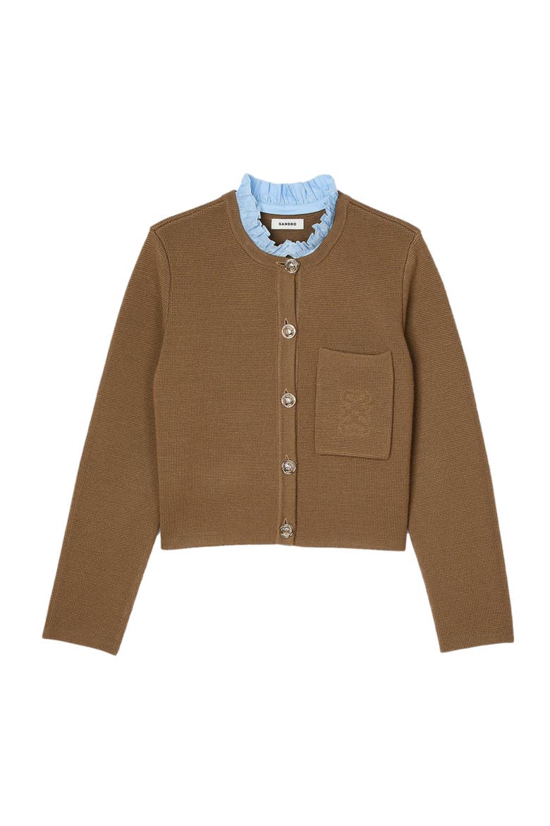 Ruffled neck cardigan, Alternate, color, Camel
