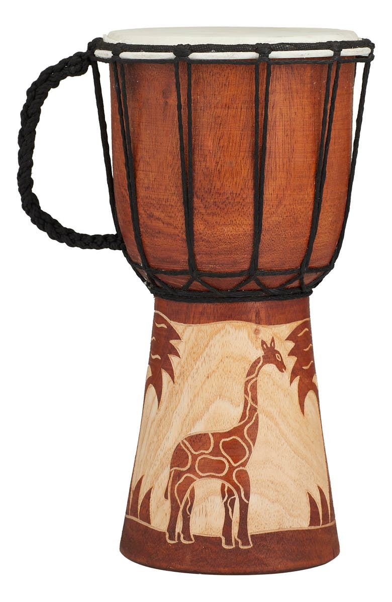 GINGER BIRCH STUDIO Brown Wood Handmade Djembe Drum Sculpture with Rope Accents, Main, color,