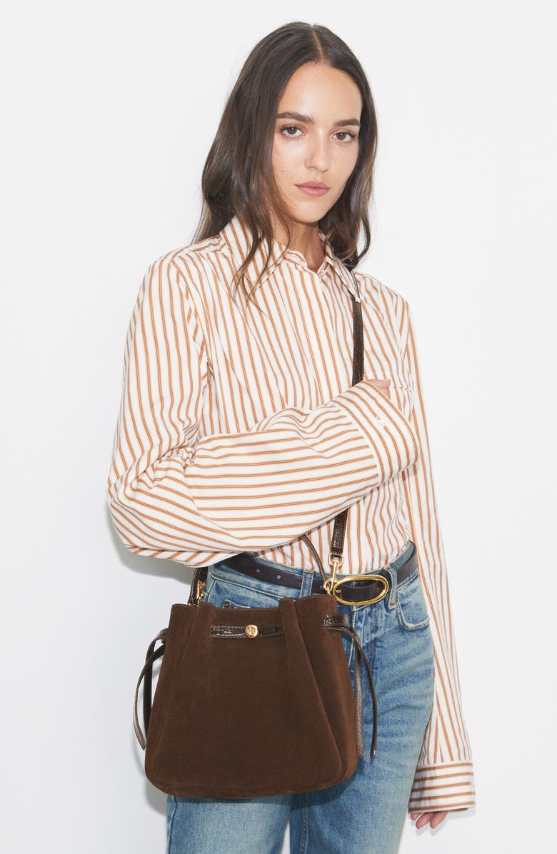 Tory Burch Romy Suede Bucket Bag, Alternate, color, Dark Cocoa