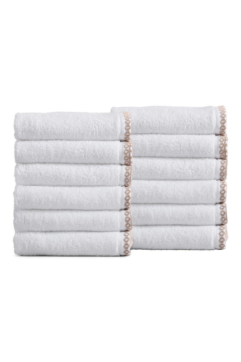 Border Stitch 12-Pack Cotton Hand Towels, Main, color, WHITE/ROSEWOOD