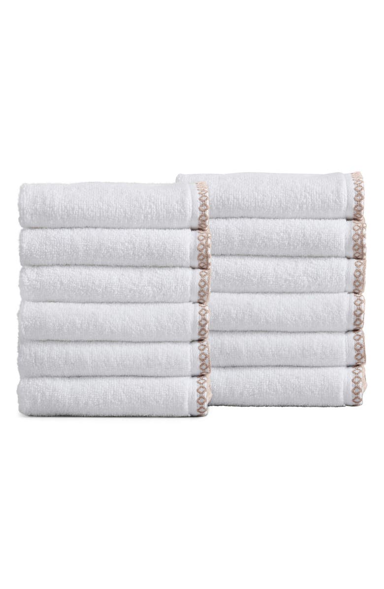 Woven & Weft Border Stitch 12-Pack Cotton Hand Towels, Main, color, White/Rosewood