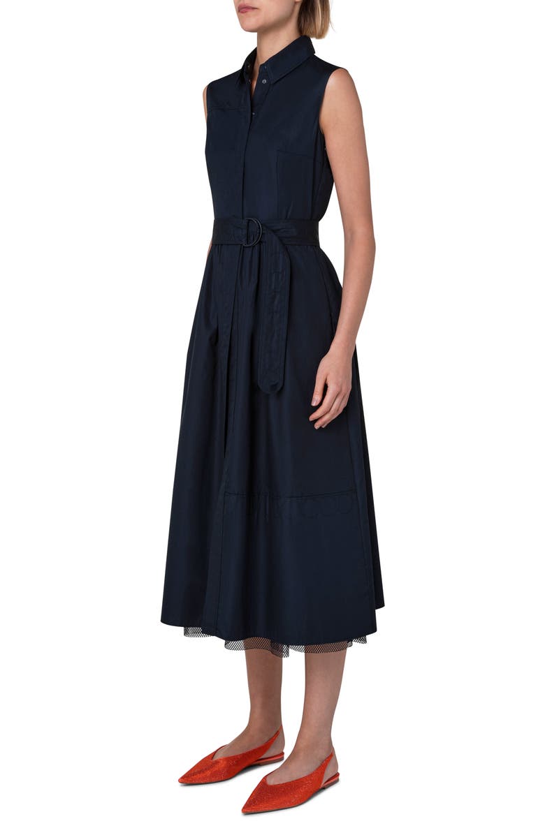 Akris punto Belted Poplin & Layered Mesh Midi Shirtdress, Alternate, color,
