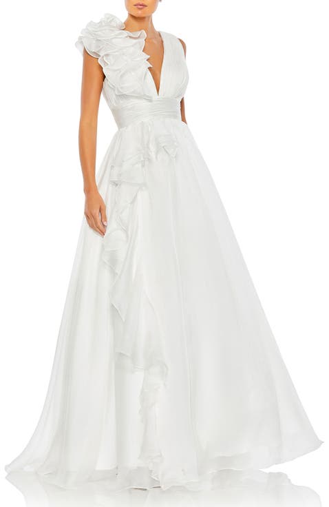 Ruffle Shoulder V-Neck Chiffon Gown