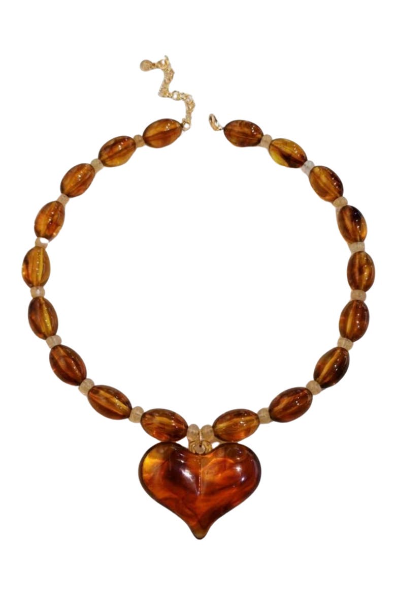 Amber Love Heart Pendant Necklace, Main, color, BROWN